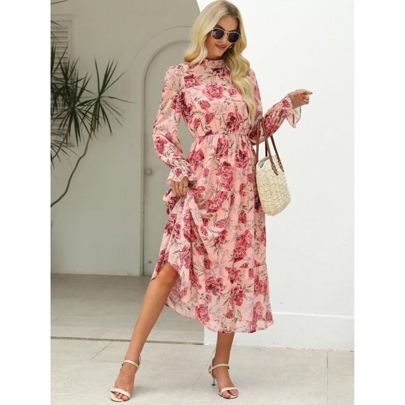 Women's Fall Floral Long Sleeve Midi Dress Boho Casual Wedding Guest - Picture 5 of 8
